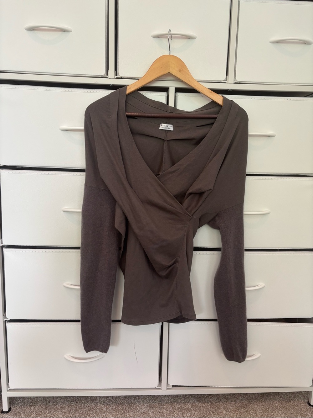 Brunello Cucinelli Gray/Taupe Cashmere Wrap-Style Sweater